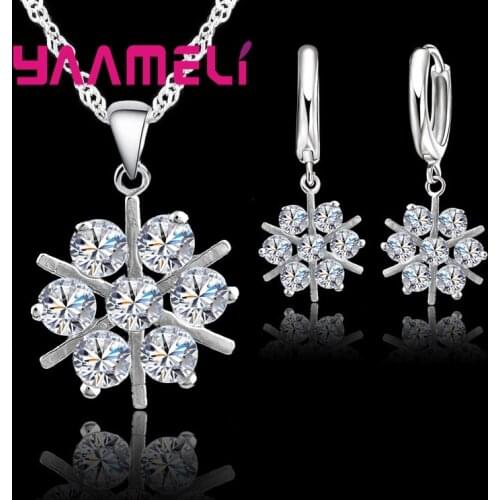 New Fashion 925 Sterling Silver Snow Flower Crystal Pendant Earrings Chain for Women Wedding Jewelry Set Free Shipping