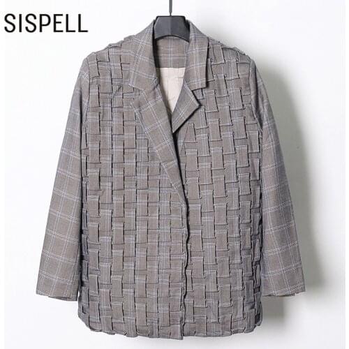 SISPELL Patchwork Grid Blazer Coats For Female Lapel Collar Long Sleeve Loose Solid Color Womens Casual Coat Fashion New 2021