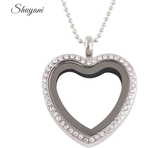 10pcs/lot Rhinestone Alloy Heart Floating Locket Necklaces & Pendants Magnetic Magent Glass Living Memory Floating Heart Locket