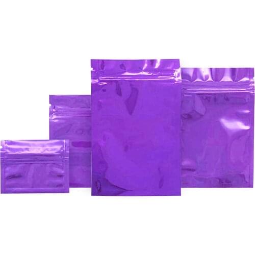 100Pcs Glossy Purple Aluminum Foil Zip Lock Bag Self Grip Seal Resealable Reusable Food Snack Coffee Bean Packaging Pouches