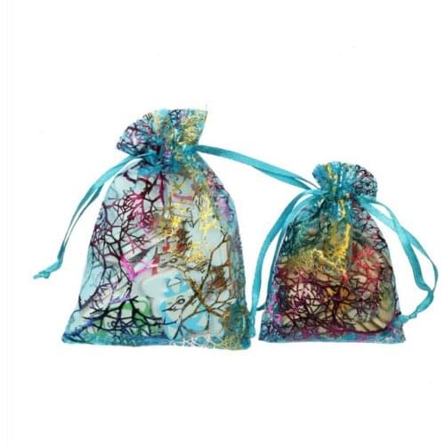 100pcs New Nice Gold Coral Patter Drawable Jewelry Bag Wedding Christmas Gift Packaging Organza bags Accessories Display Pouches