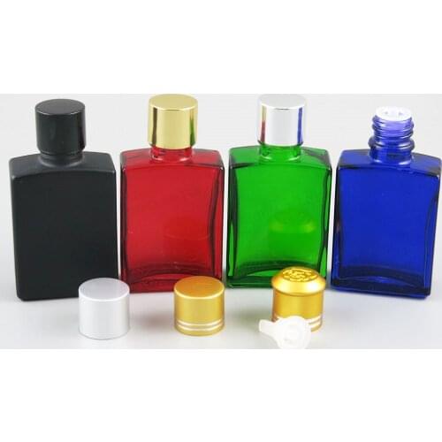 200 x 30ml 1oz Flat Square Black white clear red blue green Glass Bottle With Silver Black Aluminium lids and Seal