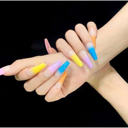 24pcs Rainbow Wear Long Paragraph Fashion Manicure Patch False Nails Save Time Wearable Jelly Nail Patch MPwell