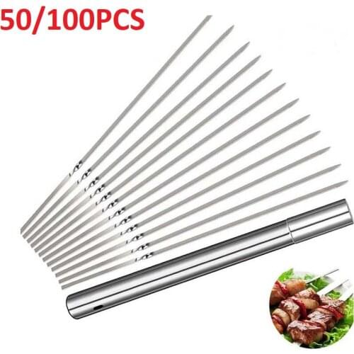 50/100 PCS Stainless Steel Skewers Tube Barbecue Skewers Reusable Grill Shish Kebab BBQ Camping Flat Forks
