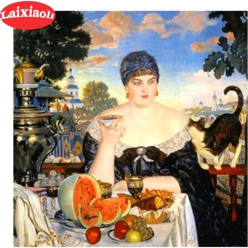 DIY Living room fresco diamond embroidery Elegant lady and cat round squaredrill Mosaic Diamond Painting cross stitch decoration