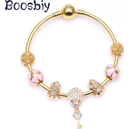 High Quality Charm Bracelet With Crystal Love Key Charm Pendants Fits Fashion Brand Bracelet For Women Valentines Day Gift
