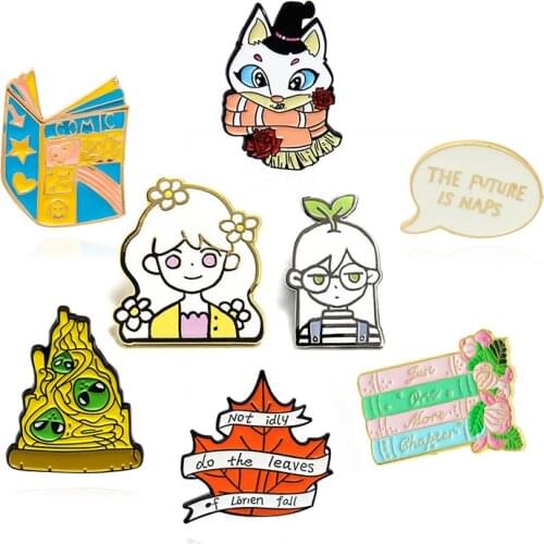 Custom Brooch Happy sisters book Green alien pizza Lapel Pin maple leaves cat flower Cartoon Badge