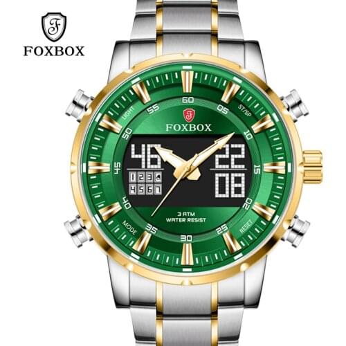 FOXBOX New Mens Watches Top Brand Luxury Stainless Steel Quartz Wrist Watch Men Sports Chronograph Clock Relogio Masculino + Box