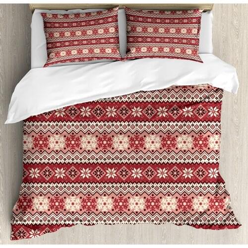 Nordic Duvet Cover Set Ancestral Classic Scandinavian Geometric Pattern Christmas Snowflakes 3 Piece Bedding Set Coral White
