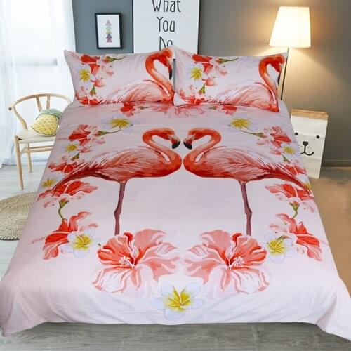 Flamingo Bedding Sets, Kids Girl Twin Queen King Size Pink Bird Floral Printed Duvet Cover Set Cartoon Bedclothes 3pcs Bed Cover