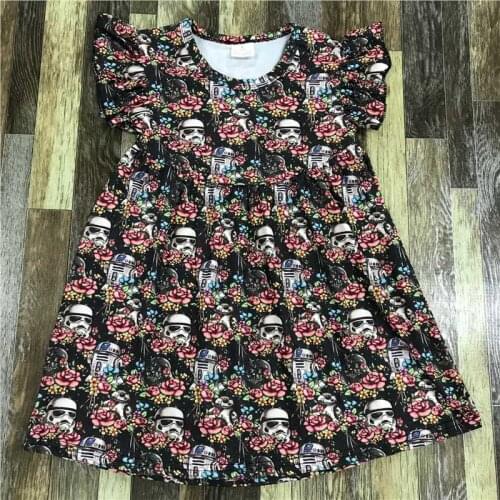 Cool Children Clothes Baby Girl Flutter Summer Robot Red Rose Dark Black Dress