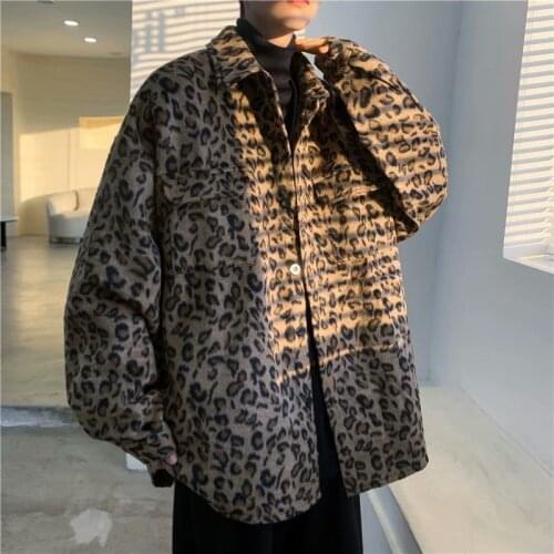 Y2k leopard printed jacket mens coat 2021 autumn new Korean fashion high street BF style design sense loose woolen jacket trend