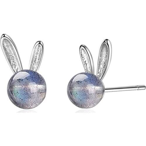 Natural Blu-ray Moonstone Rabbit Stud Earrings Transport Small Earrings Ear Piercing Stud Earrings Earrings with Stone