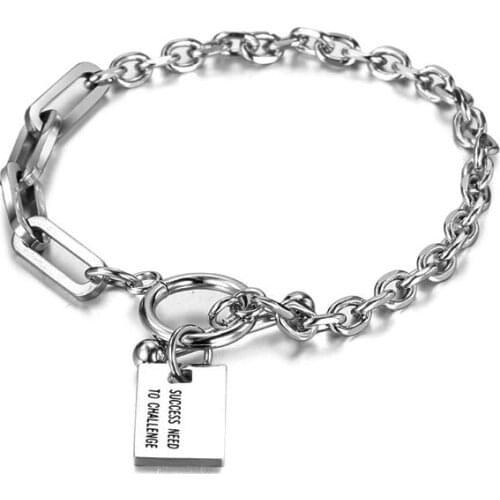 Mens Bracelets Curb Cuban Link Chain Silver Color Black Titanium Steel Engraved Letter Bangle Men Women Jewelry Gift