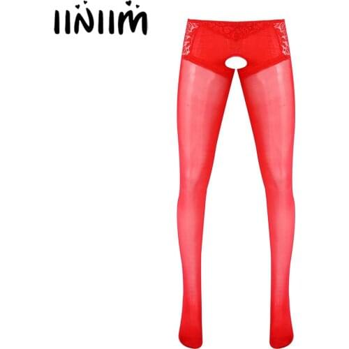 Mens Exotic Lingerie Pants Lace Patchwork Crotchless Pantyhose Sheer Stockings Stretchy Long Pants Leggings Sissy Nightwear