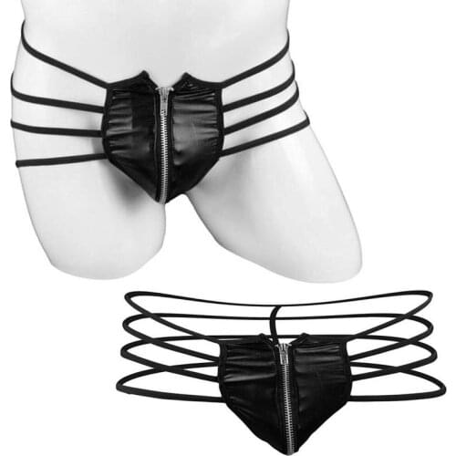 Men Faux Leather Zipper Bulge Pouch Brief String T-Back Open Butt Underwear Macho Show Underpants