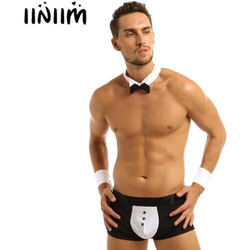 Mens Male Waiter Tuxedo Lingerie Suit Bowknot Boxer Shorts Role Play Underwear with Bow Tie Collar Bracelets Costumes Clubwear