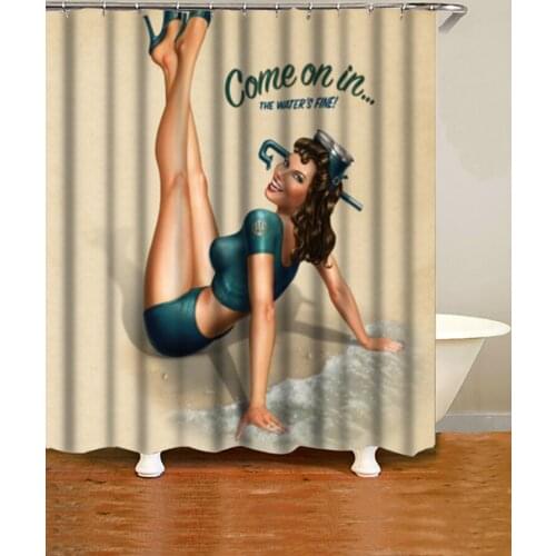 New Vintage Pinup Girl Shower Bathroom Curtain Retro US Navy Hot Girl Curtains Set for Bathroom Decoration Waterproof Fabric 72"