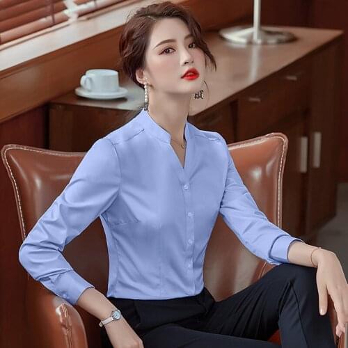 IZICFLY New Autumn Winter Blue Stand White Shirts Women Slim Casual Office Elegant Fashion Korean Style Blouse Plus Size Work