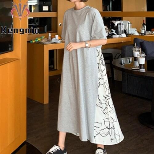 Plus Size 4XL Dress Women 2021 Summer Loose Print Ladies Vestidos Dresses Patchwork T-Shirt Dress Harajuku Robe Dress KE1195