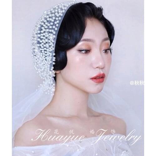 Handmade Full Pearl Beaded Long Face Veil Headwear For Women White Fairy Birde Mesh Veil Photo Shoot Ladies Party Pearl Headwear