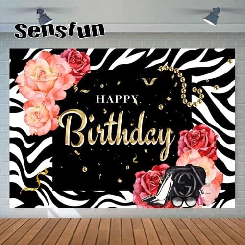 Sensfun Romantic Lady Woman Happy Birthday Backdrop White Black Flowers Heels Adult Photography Background Customized
