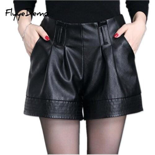 M - 4XL Womens Black Large Size Wide Leg Pu Leather Shorts High Waist Sexy Female Leather Shorts Mujer 2020 Spring Autumn Shorts