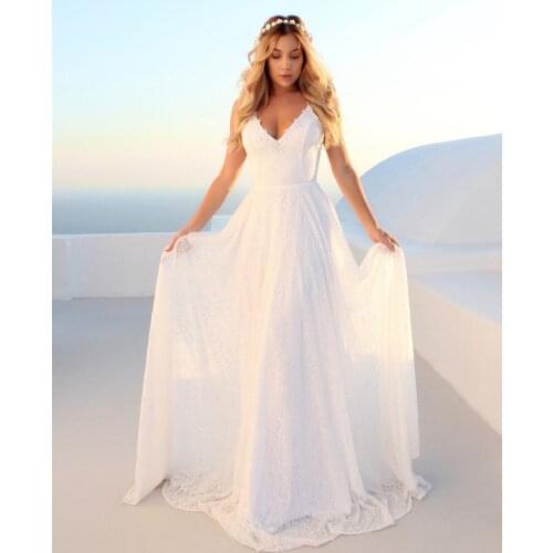 Shwaepepty White Full Lace Wedding Dress Bohemian Beach Boho Wedding Dresses A Line Long Spaghetti Straps Backless Bridal Gowns
