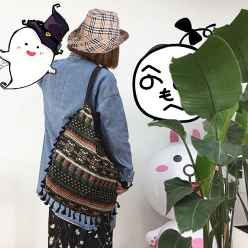 Ethnic Women Lamb Like Fabric Tassel Cotton Linen Shoulder Tote Bag Canvas Handbags Large Capacity Bags Girls Cute School Bag