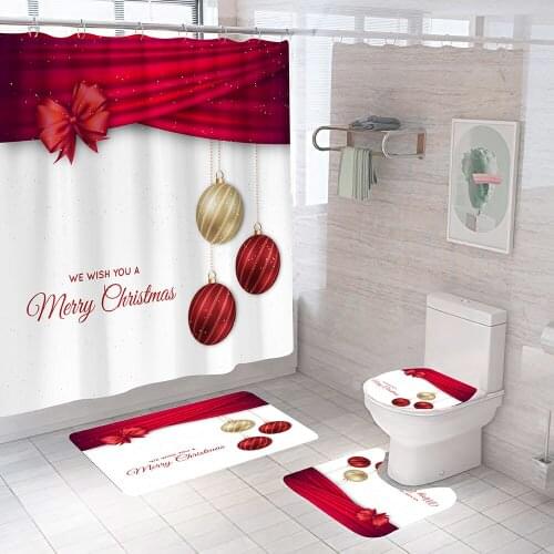 Merry Christmas Pattern Fabric Bathroom Shower Curtain Christmas Bell Anti-skid Bath Rugs Carpet Toilet Lid Cover Mat Home Decor