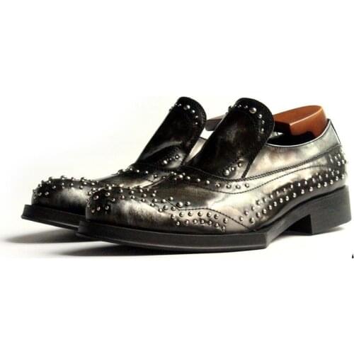 New genuine leather rivet slip on men shoes black party shoes for men fashion dress shoes