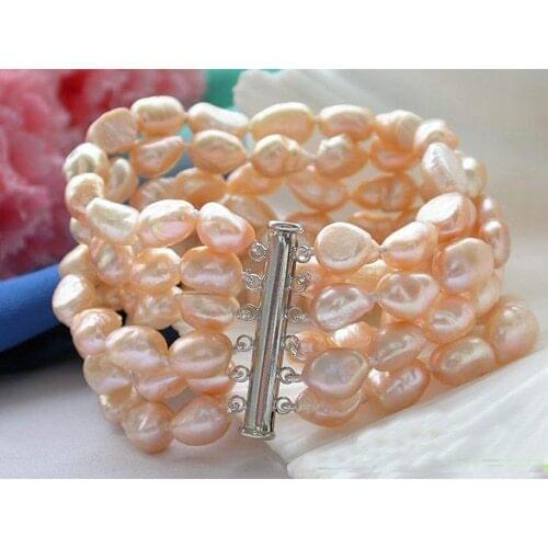 Unique Pearls jewellery Store 6row 8'' 12mm Pink Baroque Freshwater Cultured Pearl Bracelet Charming Women Gift