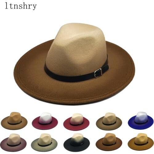 2020 fashion Womens Fedora Hat Wool Khaki Jazz Hats Female National Casual Large Brim Vintage Autumn Classic Felt Hat And Cap