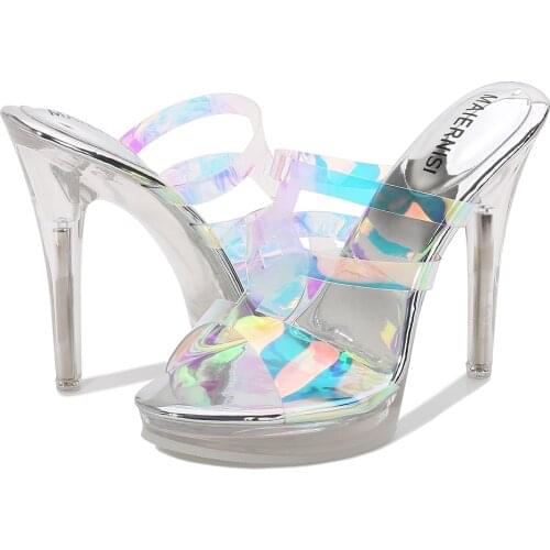 MAIERNISI 2020 Summer New 12 cm Sexy High Heels Fashion Color Changing Film Womens Sandals PVC Etiquette Car Model High Heels