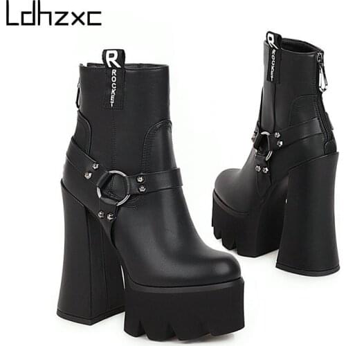 LDHZXC Newest Winter Boots Women High Heels Platform Shoes Lace-up Black Fashion Dress Party Shoes Woman Ankle Boots