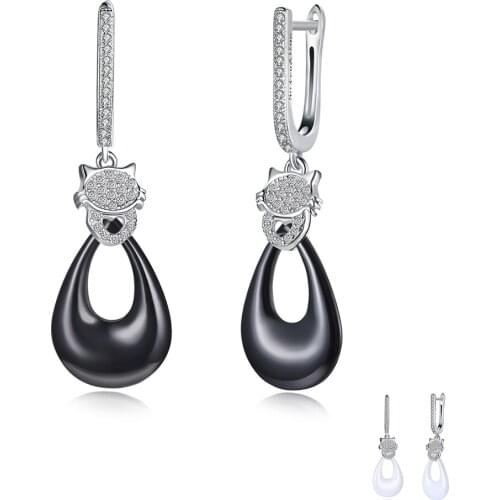 SILVERHOO 925 Sterling Silver Water Pendant Earring Dangle Cute Cat Hollow Heart Cubic Zirconia Earrings For Women Fine Jewelry