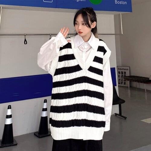 Sweater Vest Women Striped Japanese-style Sleeveless V-neck All-match Loose Casual Preppy-style Lovely Students Fashion Ulzzang