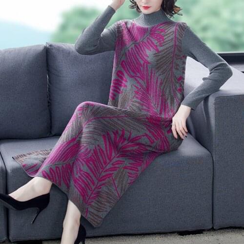 2021 Autumn Women Print Casual Loose Elegant Maxi Sweaters Winter Vintage 3XL Plus Size Knitted Bodycon Turtleneck Sweater Dress