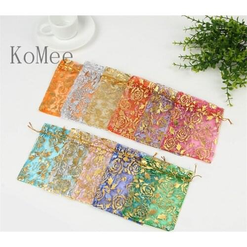 100pcs/lot Rose Design Organza Bags 15x20cm Wedding Favors Candy Jewelry Packaging Bags Organza Drawstring Gift Bag Pouches