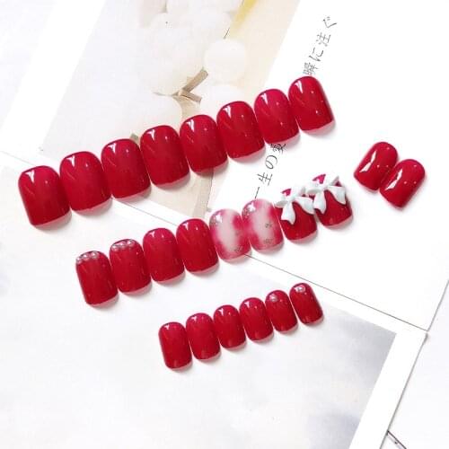 24Pcs Wine Red False Nails 3D Bow With Pearl Inlay DIY Slider Square Head Glue Type Removable Short Paragraph Fashion Manicure