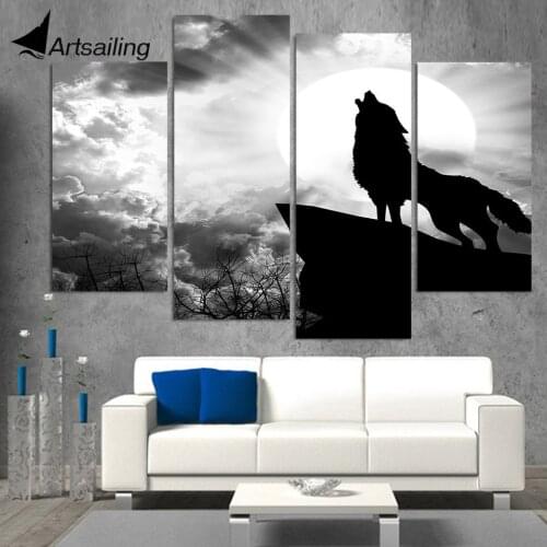 4 piece canvas painting wolf howling Silhouette HD posters and prints canvas painting for living room free shipping XA-1907A
