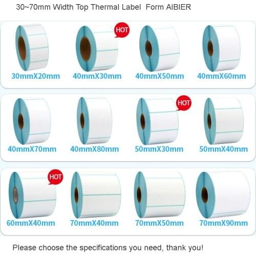 AIBIER Thermal Label barcode Sticker 40mm Core 1Roll Width 20mm ~50mm Top Thermal Paper Adhesive Stickers Zebra Godex Compatible