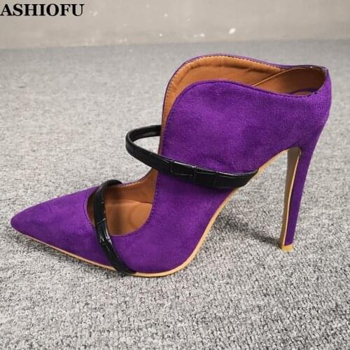 ASHIOFU Handmade Ladies High Heel Pumps Black-striped Faux-suede Party Dress Shoes Pointed Toe Sexy Evening Fashion Court Shoes