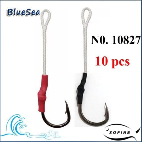 BlueSea 10 pcs 10827 Red Black Tube Stainless Steel Assist Hook Jig Assist Fish Hooks Jigging Bait Fishing Hook With PE Line