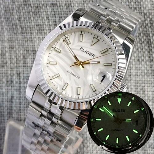 BLIGER Dress White NH35A Palm White Dial 36mm/39mm Mechanical Selfwinding Men Watch Jubilee Band Screw Crown Baton Hand