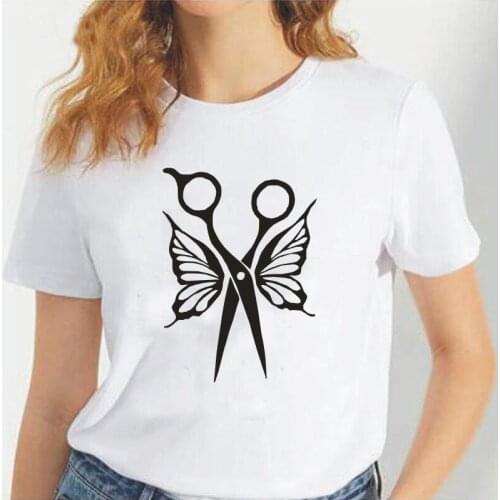 Fashion Hairdresser Woman Tshirts Scissors Butterfly Wings Haircut Print Tee Shirt Femme Summer Short Sleeve T Shirt Women Tops
