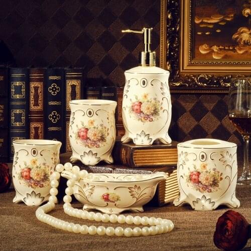 Ceramic Bathroom Kit Ceramic Soap Dispensers/Dishes Toothbrush Holder Gargle Cup 5 Pieces Set Wedding Gifts Birthday Presents