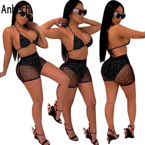 2021 Bikini Summer Beach Swimwear Bathing Suit Sex Halter Bra Top and Mesh Shorts 2 Piece Sequins Set Nightclub Outfits Swimsuit