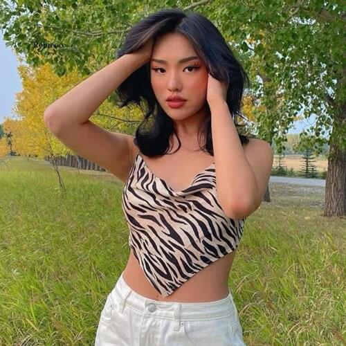 Women Harajuku Zebra Print Sleeveless Backless Fashion Tank Top Summer Leisure Halter Top Female Sexy Club Party Croptop