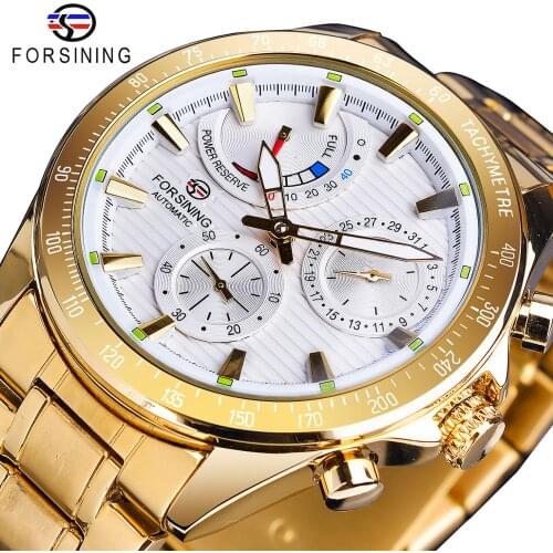 Forsining Power Reserve Design White dial Mechanical Watch Waterproof Golden Stainless Steel Band Luminous Date Automatic Watch